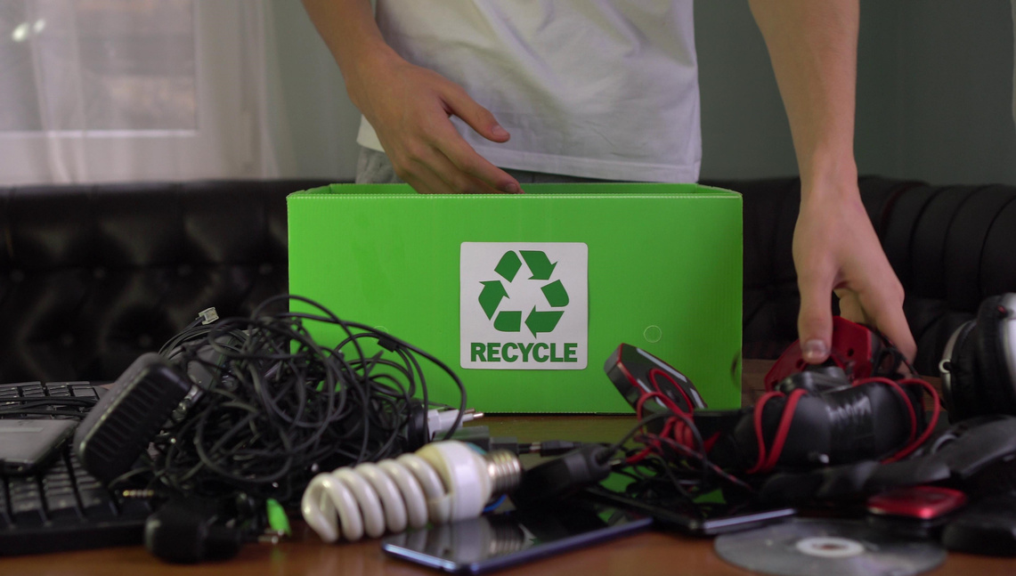 Electronic waste, also called e-waste, old used electric and electronic equipment. Recycling box